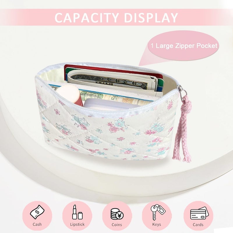 Modacarry Store Cotton Quilted Floral Coin Purse Digital Camera Pouch with Cute Prints Zipper for Women Girls (BLUE PINK) - Image 2